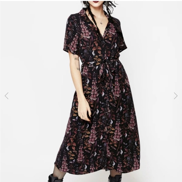 Disturbia Dresses & Skirts - Disturbia FoxGlove Black and Purple Floral Midi Shirt Dress Belted Size 8 NWT